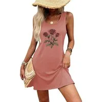 PYLIKE Sommerkleid Damen lockeres Sommerkleid mit Rose Print – T-Shirt Tank Strandkleid Bequem für Freizeit und Büro,Strandurlaub