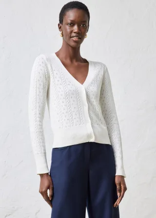 bonprix Ajour-Strickjacke mit Seidenanteil, weiß, Gr.40/42 (M), trendige Premium Strickjacke mit hochwertigen Seiden-Mix, 70% Baumwolle