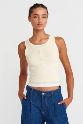 Baumwoll-Rippenshirt ohne Ärmel mit Knöpfen