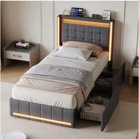 ADWOLT Stauraumbett Polsterbett Mit LED-Beleuchtung,mit USB + Typ C (1-tlg., Jugendbett mit Schubladen), 90x200 cm,Bettgestell mit Kopfteil und Lattenrost,Leinenstoff - Grau