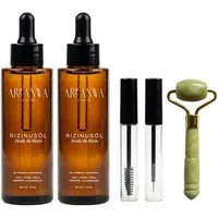 ARI ANWA Skincare Gesichtsöl 2x Rizinusöl Pflege-Set - Mini Jade Roller als Geschenk, Gratis Mini Jade Roller, Bio & Kaltgepresst, Inkl. 2 Präzisionsbürsten