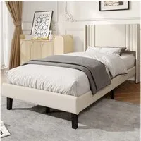ADWOLT Polsterbett Doppelbett mit Kopfteil und Bettgestell (Packung, 1-tlg), 90x200 cm,Jugendbett,360 kg Tragfähigkeit,Leinenstoff – Beige