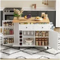 Flieks Küchenwagen mit erweiterbarer Arbeitsplatte, Weinregal und Glashalter, (1 St), Servierwagen Kücheninsel Buffetschrank mit Schubladen & Türregal weiß
