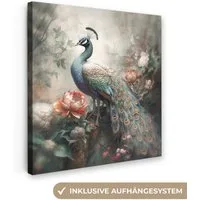 OneMillionCanvasses® Leinwandbild Pfau - Pfauenfedern - Vogel - Dschungel - Blumen, Fotodruck (1 St), Wandbild, Deko Schlafzimmer Wohnzimmer Flur 20x20 cm