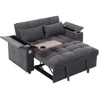 Merax Schlafsofa 3-in-1 Loungesofa faltbar Sofa mit USB & verstecktem Tisch, 1 Teile, 2-Sitzer Sofa mit verstellbarer Rückenlehne, Getränkehalter & Rollen