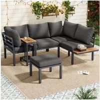 Celya Gartenlounge-Set Gartenlounges, Gartenmöbel Set 4 Personen mit Sofa, (verzinktes Stahlrohr, Tischplatte aus Kunststoffholz, geeignet für Balkon und Garten, grau + schwarz), Sofa + Beistelltisch + Couchtisch