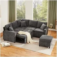 Flieks Ecksofa mit Schlaffunktion, Leselampe, USB&Type-C, und verstecktem Couchtisch, klappbare Rückenlehne mit Getränkehaltern, 5- Sitzer Ausziehsofa inkl. Hocker mit Stauraum, Chenille Grau