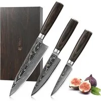 Wakoli Messer-Set EDIB Essentials 3er Damastmesser-Set Küchenmesser Kochmesser (Damastmesser mit Geschenkbox, 3-tlg., 3er Chefmesser-Set), VG10 Kern, 67 Lagen Damaststahl, Pakkaholzgriff, inkl. Geschenkbox