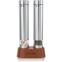 Arendo Salz-/Pfeffermühle Elektrische Salzmühle & Pfeffermühle, stufenlos einstellbar Batterie, (2 Stück), Edelstahl, Keramikmahlwerk, 2er Set, Glasbehälter, Holzständer