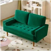 OUNUO Sofa 121cm Kleines Loveseat Sofa Couch aus Samt und Leinen mit 2 Zierkissen