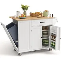 Blishom Küchenwagen Fahrbare Kücheninsel mit Mülleimerfach, 113x51x91 cm, Mobile Küchenwagen mit klappbarer Arbeitsplatte und Schubladen