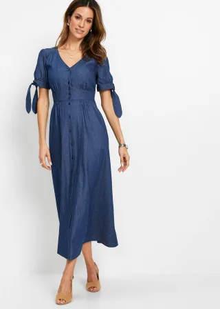 bonprix Langes Jeanskleid, blau, Gr.42, Sommerliches Jeanskleid mit Knoten an den Ärmeln, 100% Baumwolle