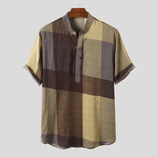 INCERUN Solid Men's Shirt Top Retro Color Block Plaid Shirts Short Sleeve Closure Summer Henley Shirt Button Up Casual S