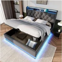 Flieks Polsterbett, LED Hydraulisches Stauraumbett Doppelbett 140x190cm mit Ladefunktion