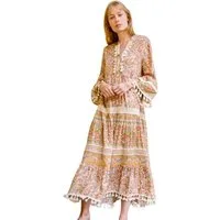 Charis Moda Sommerkleid Langes Kleid im Bohème-Print mit Pompons und Spitze