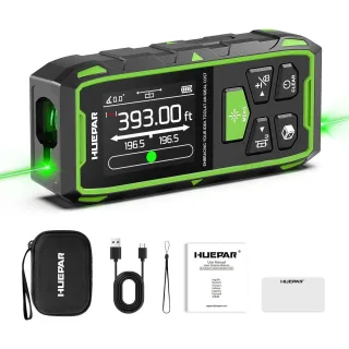 Huepar Dual Green Beam Laser Distance Meter Bidirectional Measuring Tool 393Ft 656Ft Rechargeable Backlit LCD 9 Modes El
