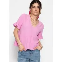 SASSYCLASSY Kurzarmbluse Luftiges Musselin Shirt Damen mit Volants Musselinshirt aus Baumwolle mit V-Ausschnitt Weiß Butter Gelb Rosa