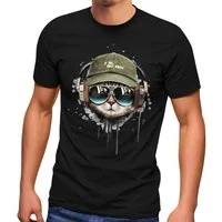 Neverless Print-Shirt Herren T-Shirt Katzen-Motiv cool Kopfhörer Musik Fashion Streetstyle mit Print
