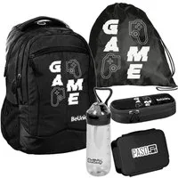 PASO Schulrucksack (Schulset, 5-tlg), Game Pads Mega Set 5-teilig – Schwarz