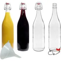 mikken Trinkflasche 4er Set Glasflasche 1 Liter mit Bügelverschluss mit Trichter, Inhalt 1000 ml Bügelverschluss aus Porzellan inklusive Einfülltrichter