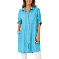 dy_mode Longbluse Damen Leinen Longbluse Sommer Hemdbluse Blusenkleid Luftige Tunika in Unifarbe, mit Knopfleiste