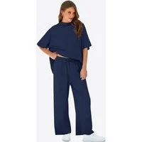 Imily Bela Hausanzug Damen Lounge-Set (Set, 2 tlg., Pullover-Oberteil mit 3/4-Fledermausärmeln + weite Hosen) Einfarbig