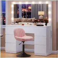 HOMALL Schminktisch mit großem Spiegel, 120 cm, 7 Schubladen, Schmuckschrank (XXL-Spiegel 106×51 cm (30×51 aufklappbar m. Schmuckschrank) · 120 cm · 7 Schubladen · LED-Birne · 2 Steckdosen+USB/Type-C · E1-MDF · 2 Farben · Hocker opt)