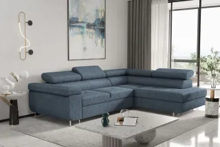 Couchgarnitur JADE Stoff Blau mit Schlaffunktion Ottomane Rechts