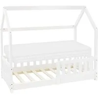 ML-DESIGN Spielbett Hausbett Kinderbett inkl. Lattenrost kreativ Bodenbett für Kinder, Abenteuerbett zum Spielen mit Rausfallschutz Kiefer Weiß Himmelbett