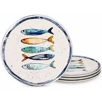WestCraft Speiseteller Teller, mediterran mit Sardinen-Motiv, Maritime Speiseteller 26 cm, (4 St), 4er Set, hochwertig und robust - langlebig und vielseitig einsetzbar