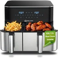 WELLENT Heißluftfritteuse 2 kammern,XXL Airfryer,10-in-1 LED-Touchscreen,energie-&zeitsparend, 2600 W, Antihaft-Metallkörbe, fettarmes gesundes Kochen für Familie&Party