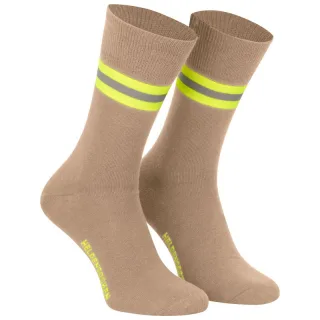 Feuerwehrsocken | PACO | Heldensocken | beige | mit gelb-silber-gelb Streifen | Reflexstreifen-Optik | perfektes Feuerwehr-Geschenk 36-39