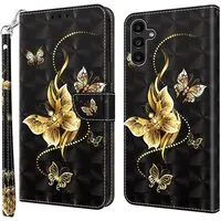 CLM-Tech Handytasche für Samsung Galaxy A16 / A17 5G Hülle aus PU Leder Klapphülle (goldene Schmetterlinge schwarz, Handyhülle mit Standfunktion - Wallet Flip Case inklusive Kartenfächer), Cover mit Magnetverschluss