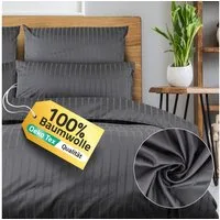 Slummer Bettwäsche Mako Satin 135x200 Baumwolle Kissenbezug 80x80, Damast, 4 teilig, Anthrazit Grau Reißverschluss