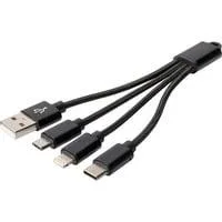 3-in-1 Ladekabel, USB-A 2.0 > Lightning + USB-C + Micro-USB schwarz, 0,15 Meter, Laden mit bis zu 10 Watt