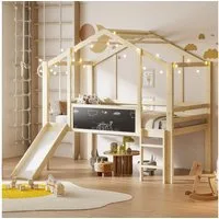 Flieks Hochbett Kinderbett Hausbett 90x200cm mit Graffiti-Tafel, Leiter und Rutsche