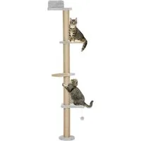 PawHut Kratzbaum Sisalpfosten, Plüschstoff, Wandmontiertes Design, 5-stufiges Design, Hellgrau