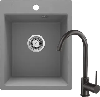 Neuesbad Granitspüle ZRC S103 + Armatur Schwarz BEU B62E + Zubehör, Grau Metallic NB1DEZRCBS1031