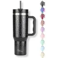 Milu Thermobecher 1,2L Tumbler Black Leopard, mit Strohhalm und Henkel, Edelstahl, Trinkflasche, 3D Design, schwarz