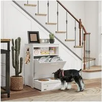 PawHut Futterstation Haustier-Futterschrank mit 2 Edelstahlnäpfen, 3 Haken, Edelstahl, für Hunde, 61 x 35,5 x 82 cm, Weiß