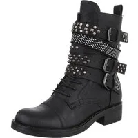 Ital-Design Bikerboots mit Nieten und Riemen für Damen, Alltagstauglich Stiefelette (90110120) Blockabsatz Schnürstiefeletten in Schwarz