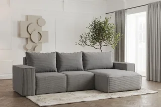 Ecksofa Designersofa ESTELLE in Stoff Poso Grau Ottomane Rechts