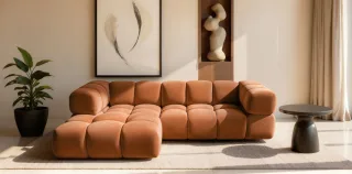 Ecksofa Designersofa BLANCHE in Stoff Bluvel Rostbraun Ottomane Links