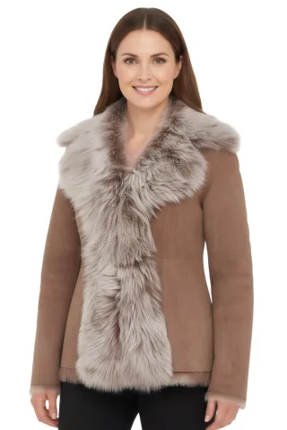 Damen Taupe Schaffell Toscana Merino Shearling Wildleder Lederjacke-Siena