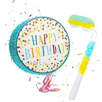 relaxdays Pinata Set 3 teilig mit Stock und Maske, Happy Birthday blau