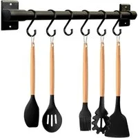 MOPUEA Hakenleiste Aluminium-Utensilienhalter, Küchenregal, Wandmontage, Küchenschiene, (Pfannenaufhänger mit 6 S-Haken zum Aufhängen von Küchenutensilien, 1 St., Badezimmer-Gadget Schwarz), Selbstklebender Küchenhakenhalter mit beweglichen Haken