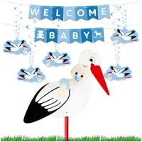 BRUBAKER Girlande Welcome Baby Girlande + Großer Storch aus Holz für Jungen und Mädchen, Baby Deko Set - Wimpelkette mit Anhängern und Klapperstorch Dekoration