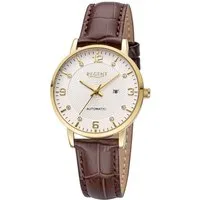 Regent Automatikuhr Edelstahl IPG 5Bar 34mm Lederband, ein besonderes Geschenk Damenuhr Automatik, Glitzersteine als Minutenindex auf dem Zifferblatt