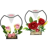 I.GE.A. Teelichthalter Rose (Set, 2 St), Glas, Metall, Kunststoff, rot/rosa