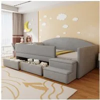 Flieks Polsterbett, Kinderbett Einzelbett 90x190cm mit 2 Schubladen Treppe Rausfallschutz